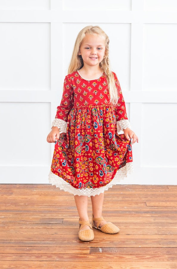Red & Blue Printed Long Sleeve Lace Detail Dress