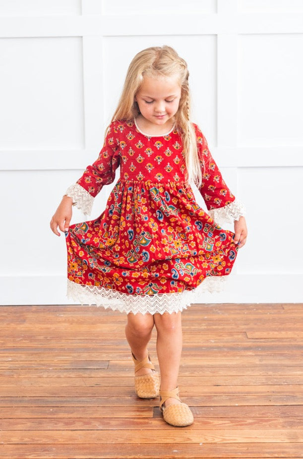 Red & Blue Printed Long Sleeve Lace Detail Dress