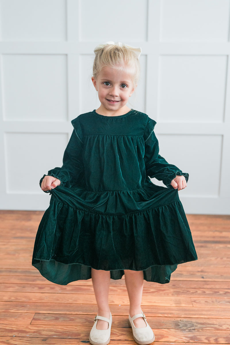 Emerald Green Tiered Long Sleeve Dress — Cotton Girls Dress