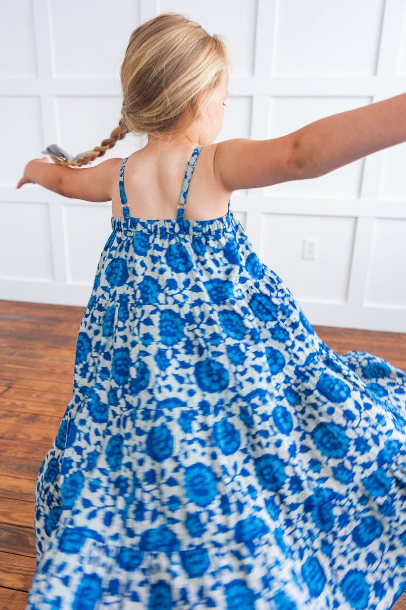 Indigo Floral Printed Tiered Dress