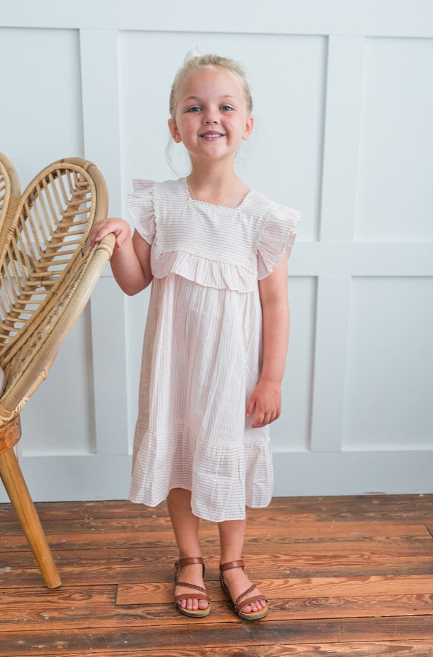 Peach Stripes Square Neck Ruffle Dress