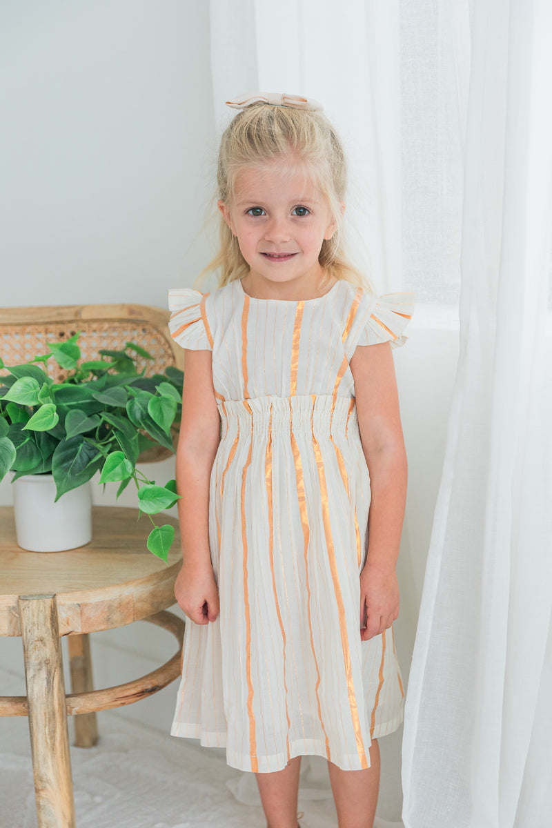 Off-White Gold Color Lurex Sleeve Ruffle Gathered Dress