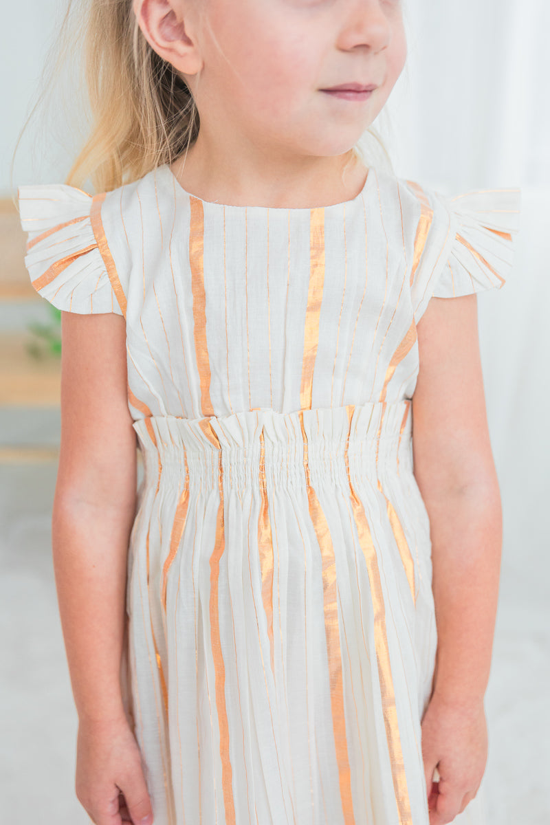 Off-White Gold Color Lurex Sleeve Ruffle Gathered Dress