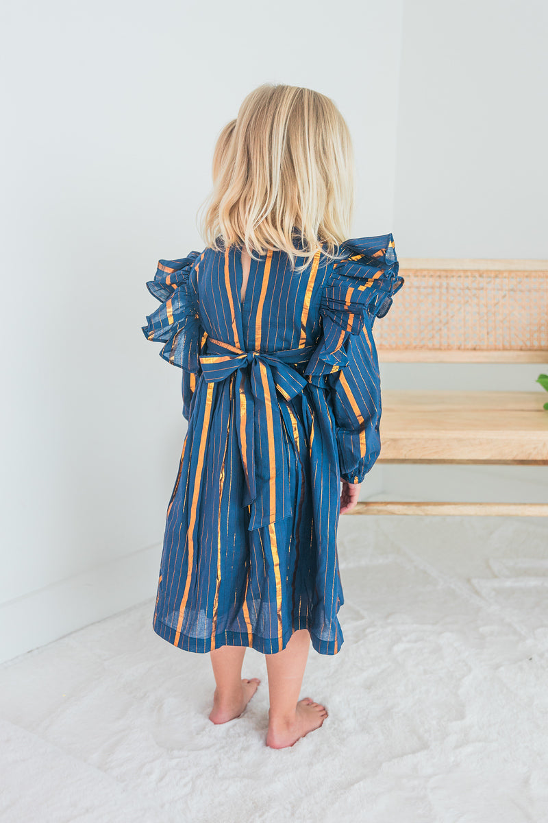 Navy Lurex Ruffle Long Sleeve Dress
