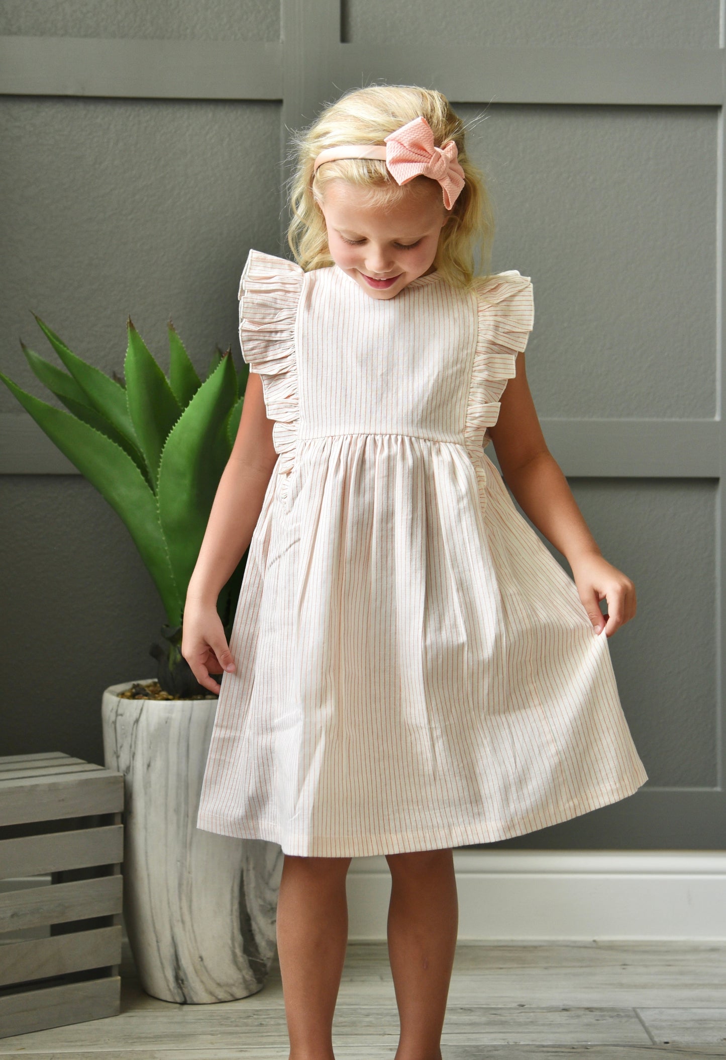 Peach Pinstripes Ruffle Sleeve Shift Dress Dress Yo Baby Wholesale