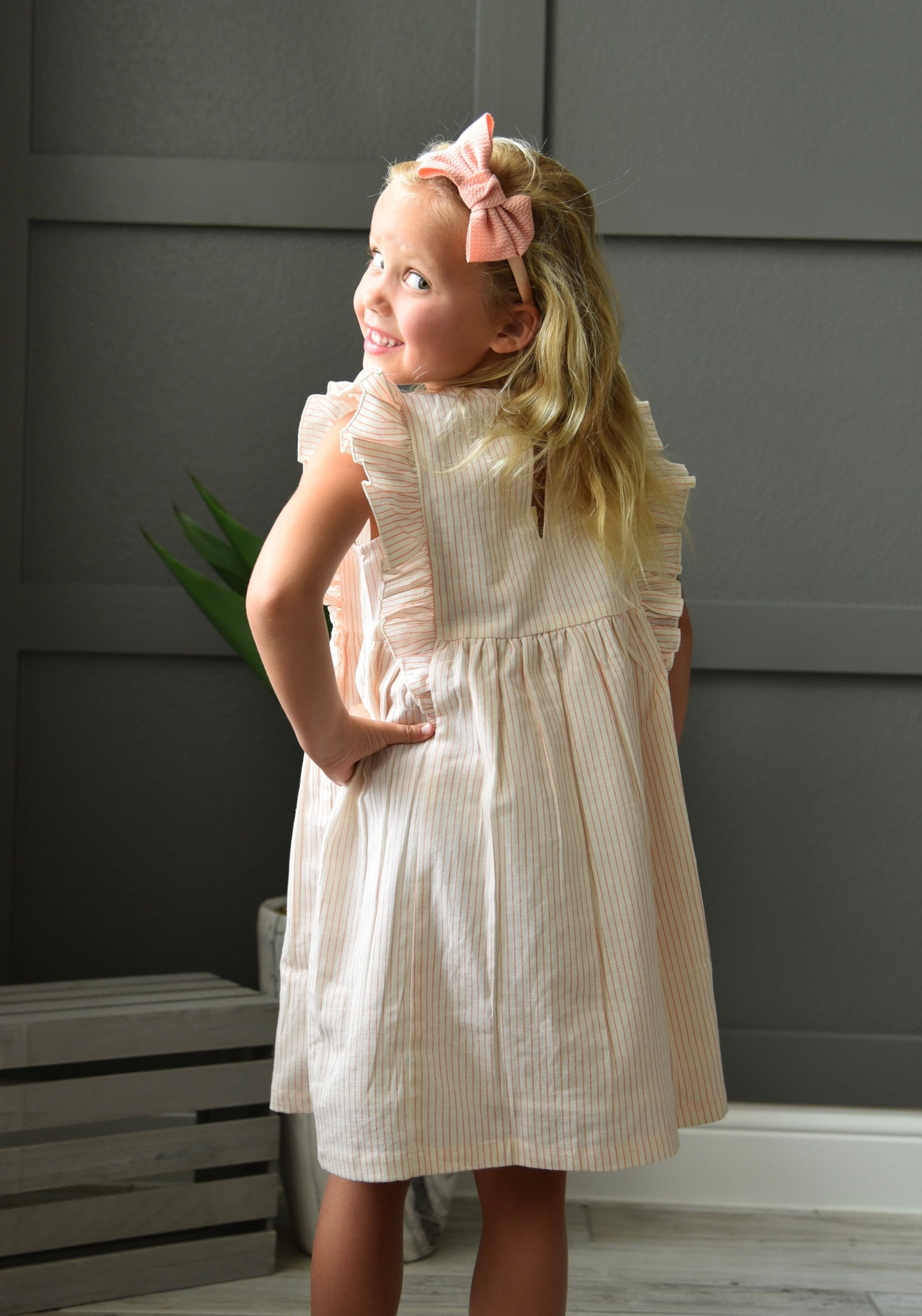 Peach Pinstripes Ruffle Sleeve Shift Dress Dress Yo Baby Wholesale