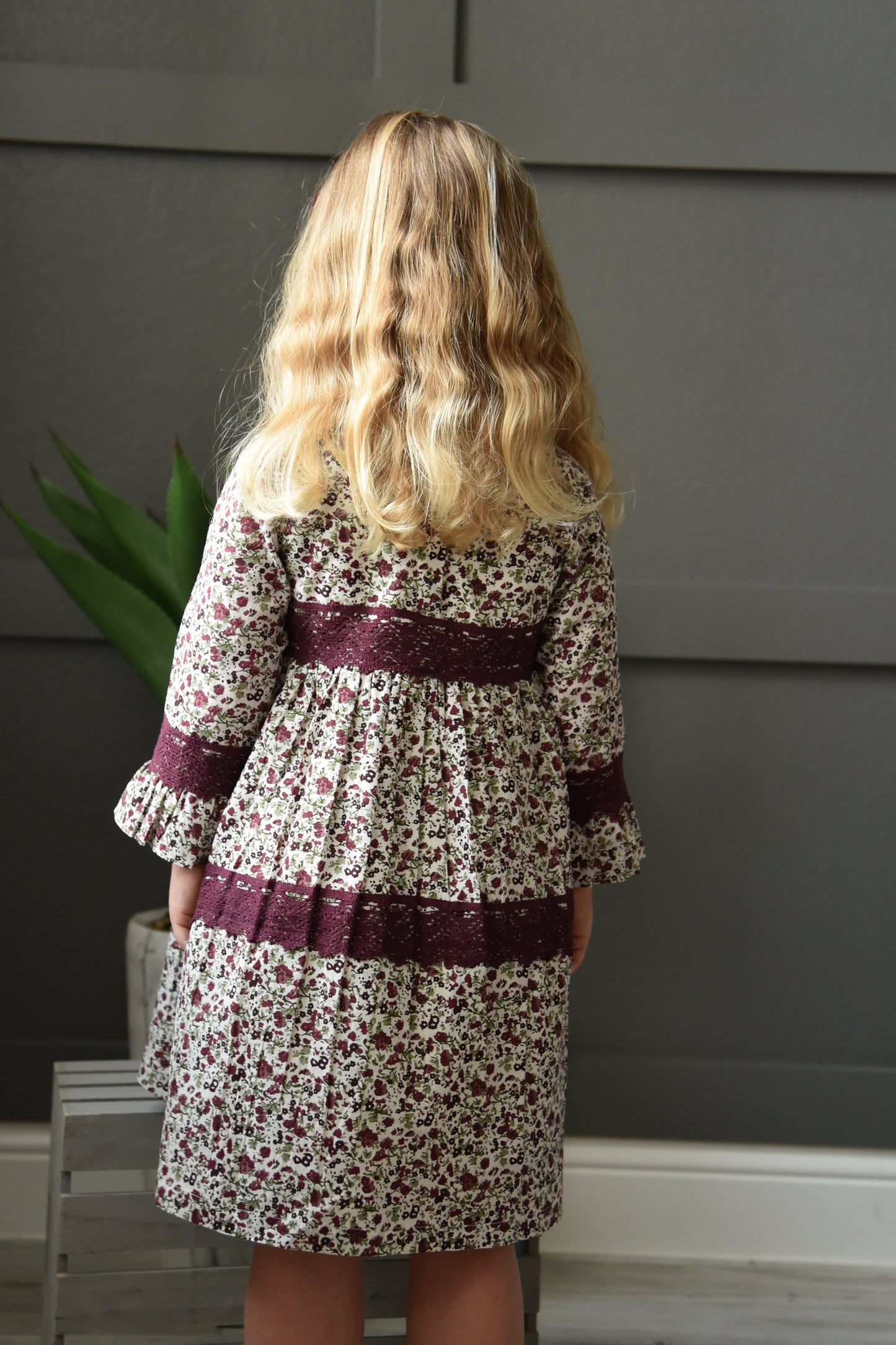 Printed Lace Detail Full-Sleeves A-Line Dress Dress Yo Baby Wholesale