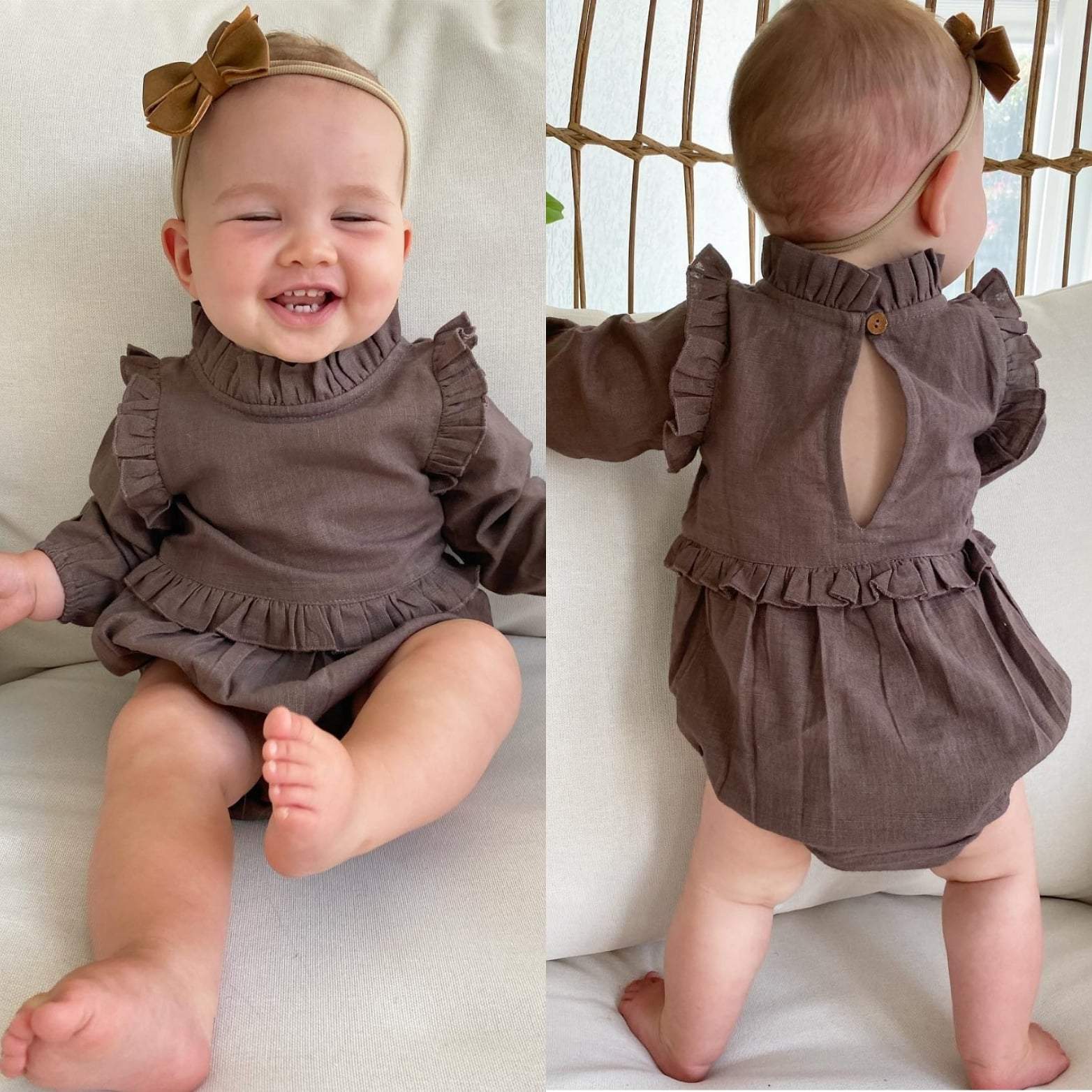 Chocolate Brown Full-Sleeves Ruffles Infant Romper – Yo Baby Online