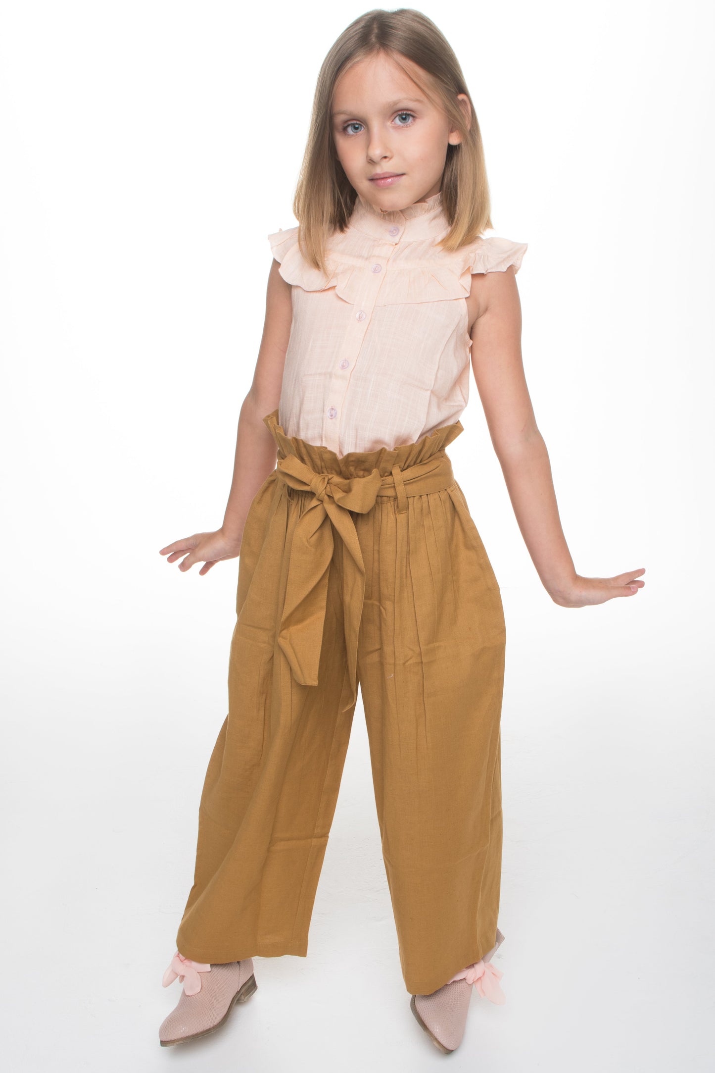 Blush Frill Top with Khakhi Paper Bag Pants 2 pc. Set