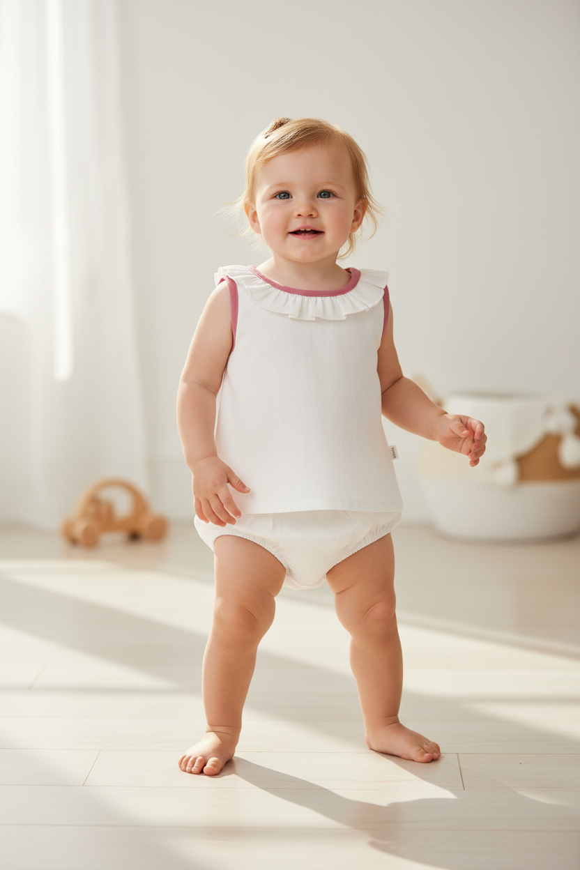 White Ruffled-Neck Top & Bow Diaper Cover
