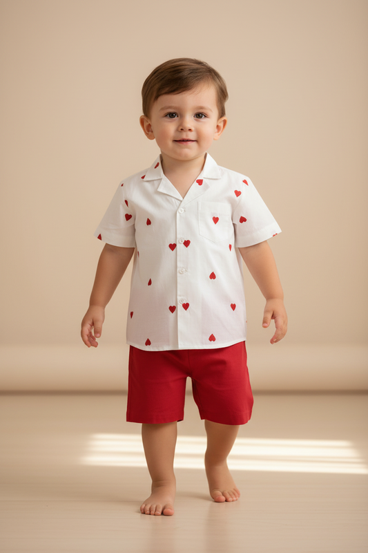 Boys Heart-Embroidered Cotton Bowling Shirt & Shorts Set