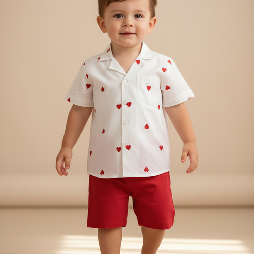 Boys Heart-Embroidered Cotton Bowling Shirt & Shorts Set