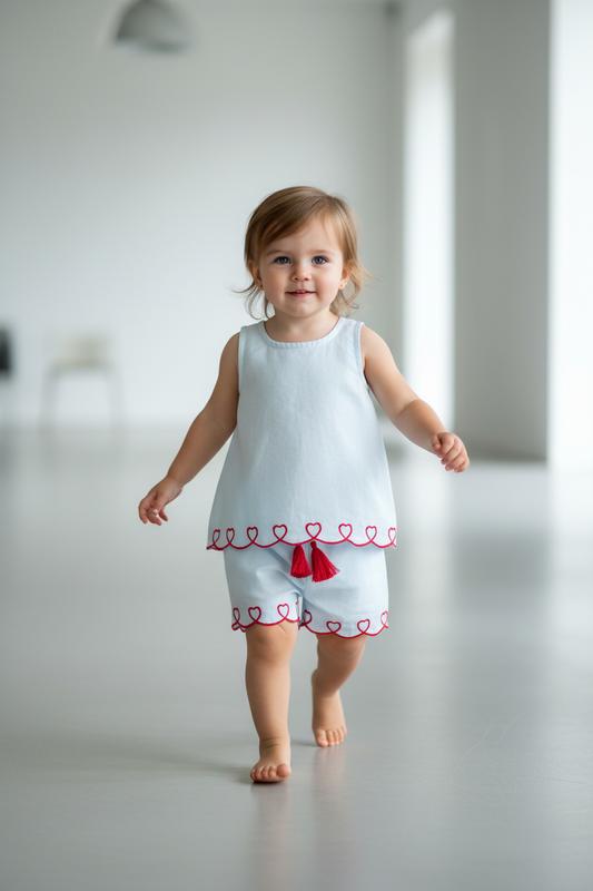 Heart-Embroidered Cotton Top & Shorts Set