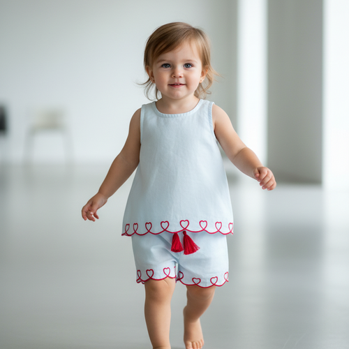 Heart Embroidered Cotton Top and Shorts Set — Cotton Girls Co-Ord | 0-13 Years