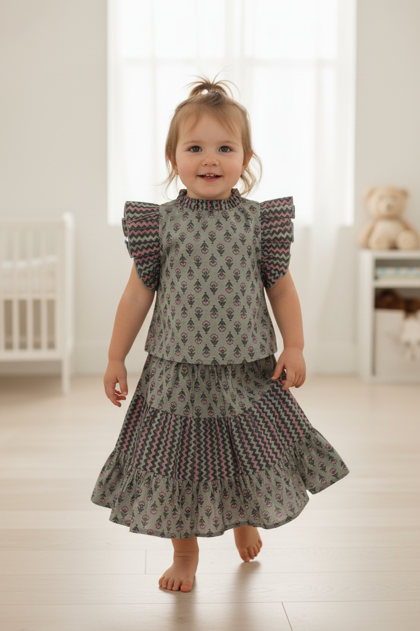 Tittli Top and Skirt Set Mocha Cement — Cotton Girls Co-Ord | Infant to Tween 0-13 Years