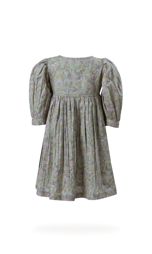 Sage-Green Floral Printed Sleeve Gathered Dress