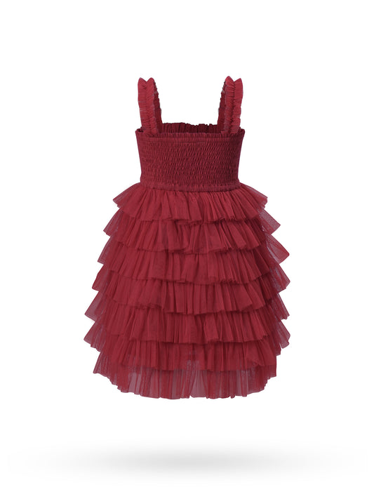 Red Tulle Solid Color Tiered Ruffle Dress