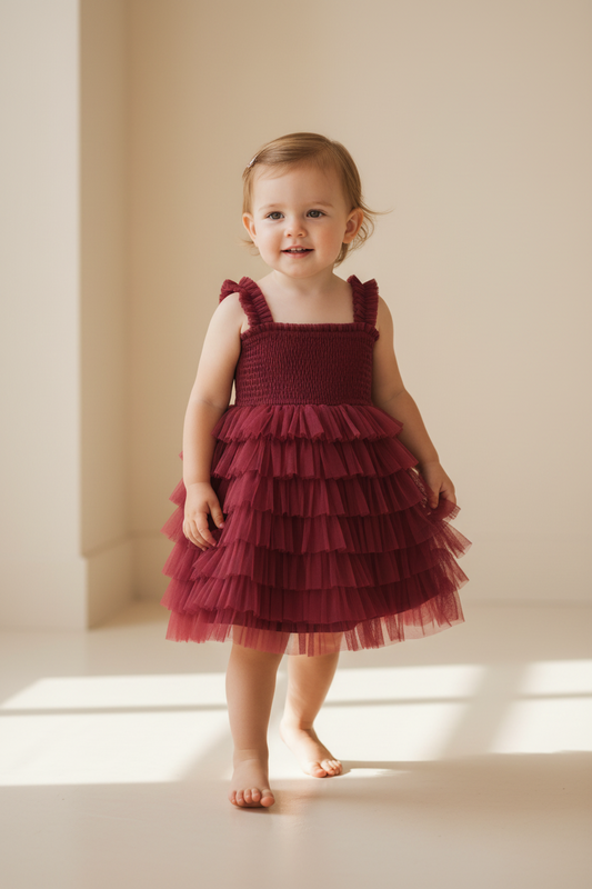 Red Tulle Tiered Ruffle Dress