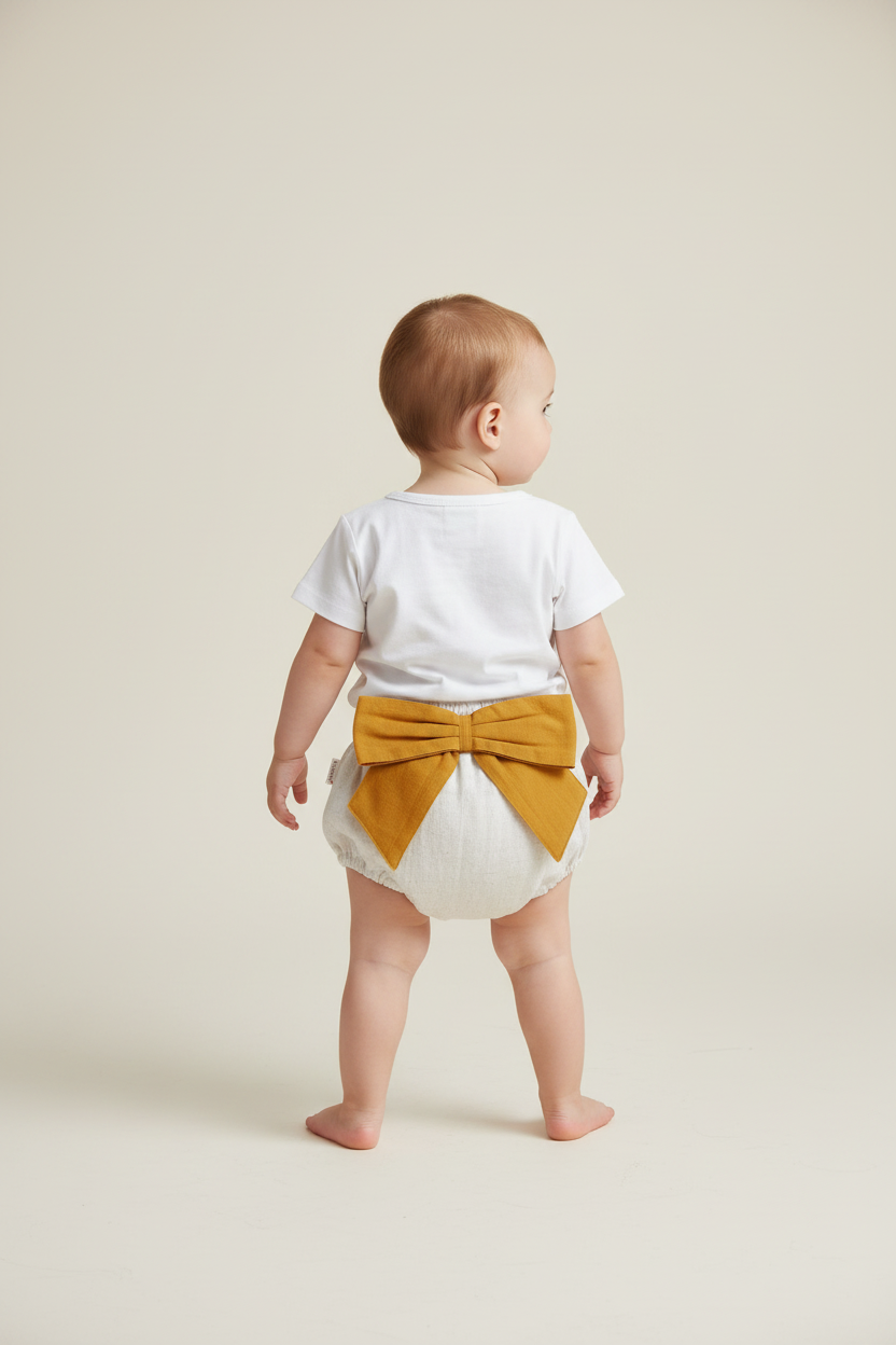 Ivory Diaper Cover with Mustard Bows - Yo Baby Online