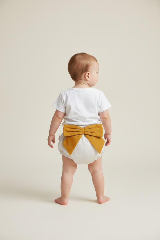 Ivory Diaper Cover with Mustard Bows - Yo Baby Online