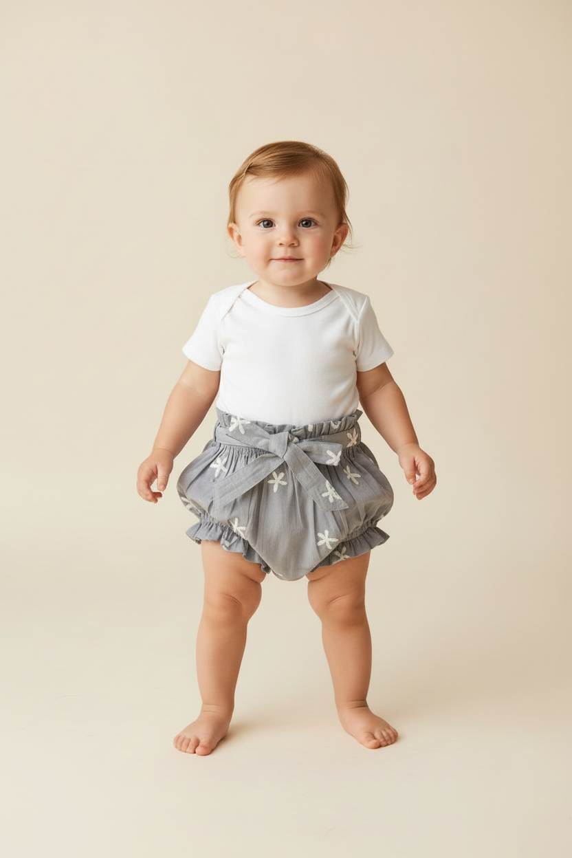 Floral Embroidery Grey Color Shorts-Style Diaper Cover With Belt - Yo Baby Online