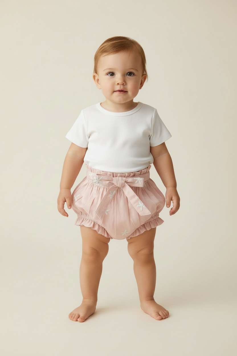 Floral Embroidery Blush Color Shorts-Style Diaper Cover With Belt - Yo Baby Online