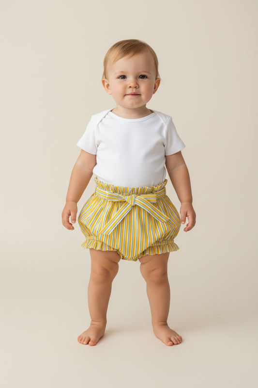 Yellow Striped Print Shorts-Style Diaper Cover With Belt - Yo Baby Online