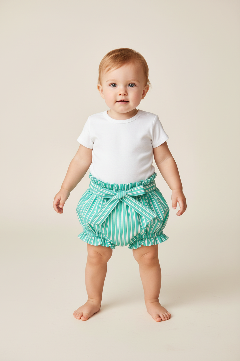 Turquoise Striped Print Shorts-Style Diaper Cover With Belt - Yo Baby Online