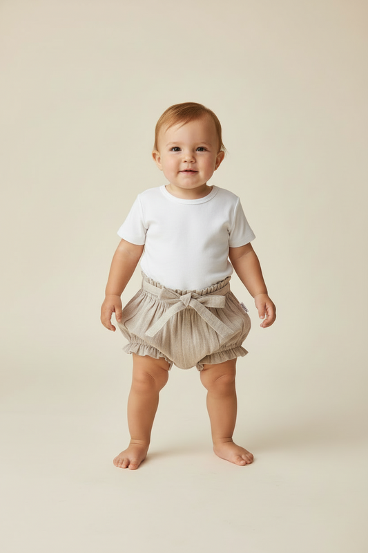 Beige Chambray Shorts-Style Diaper Cover With Belt - Yo Baby Online