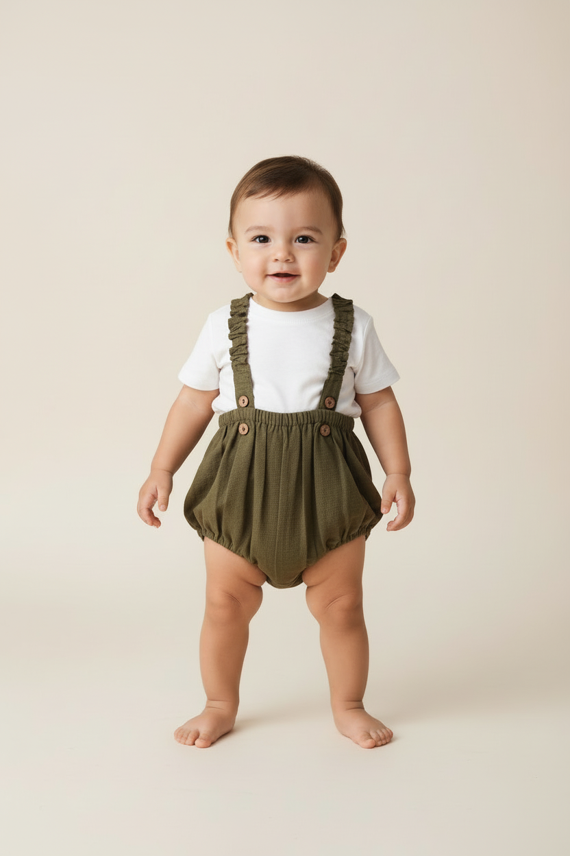 Military-Green Color Suspender Shorts-Style Diaper Cover - Yo Baby Online