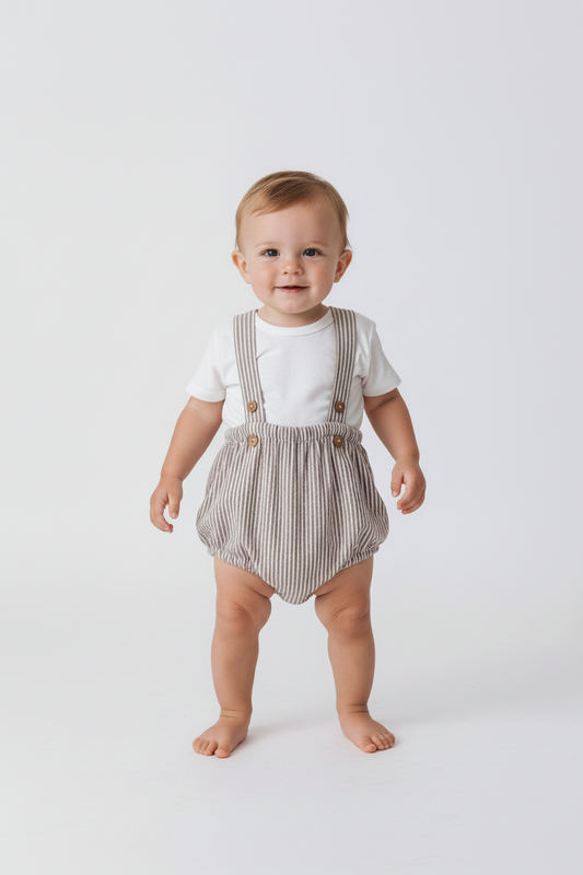 Brown Stripes Cotton Linen Suspenders Diaper Cover — Baby Bloomer | 0-18 Months