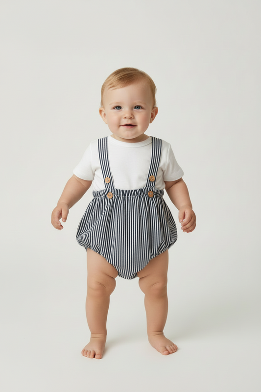 Navy Stripes Cotton Linen Suspenders Diaper Cover — Baby Bloomer | 0-18 Months