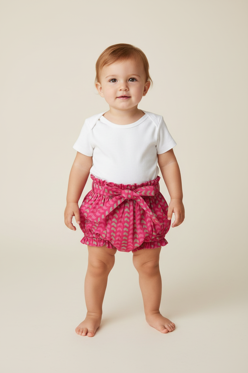 Hot Pink Print Shorts Style Diaper Cover with Belt — Baby Bloomer | 0-18 Months