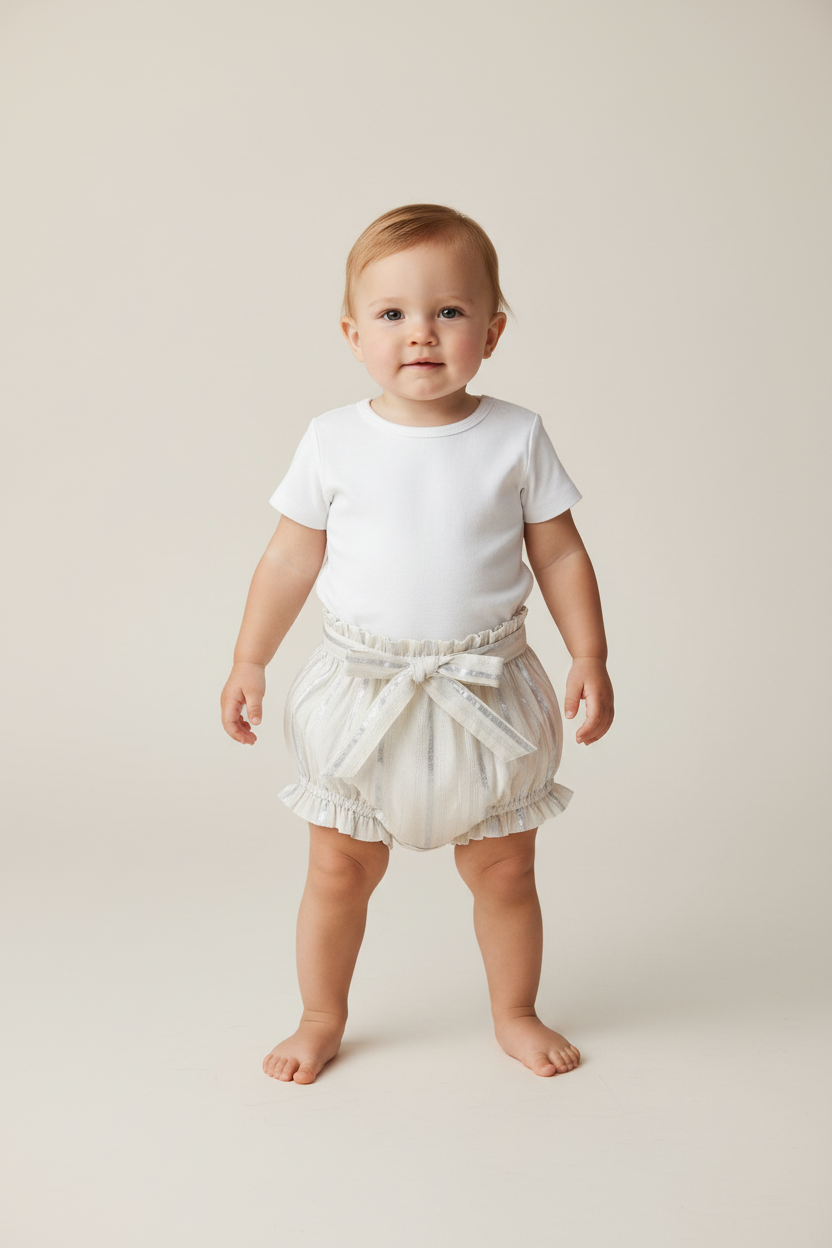 Silver Lurex Shorts Style Diaper Cover — Festive Baby Bloomer | 0-18 Months