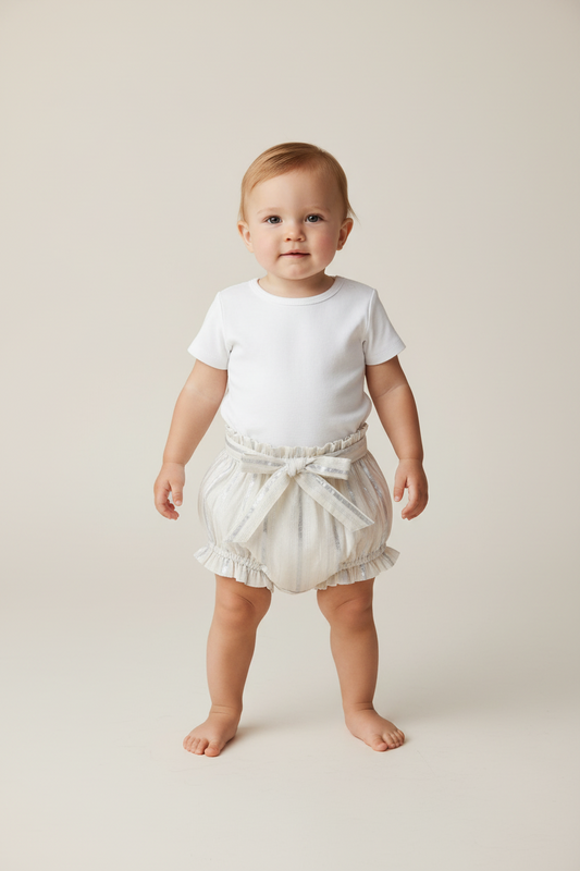 Silver Lurex Shorts Style Diaper Cover — Festive Baby Bloomer | 0-18 Months