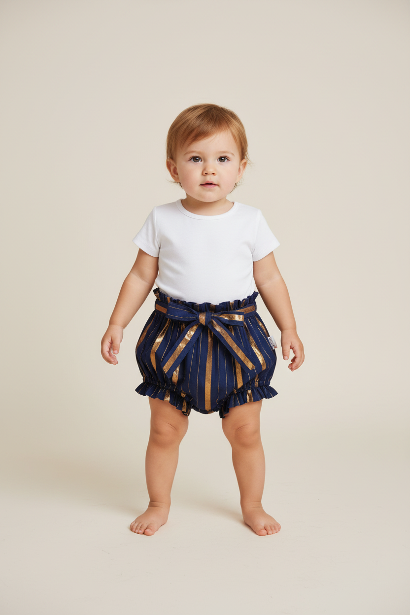 Navy Lurex Shorts Style Diaper Cover with Belt — Festive Baby Bloomer | 0-18 Months