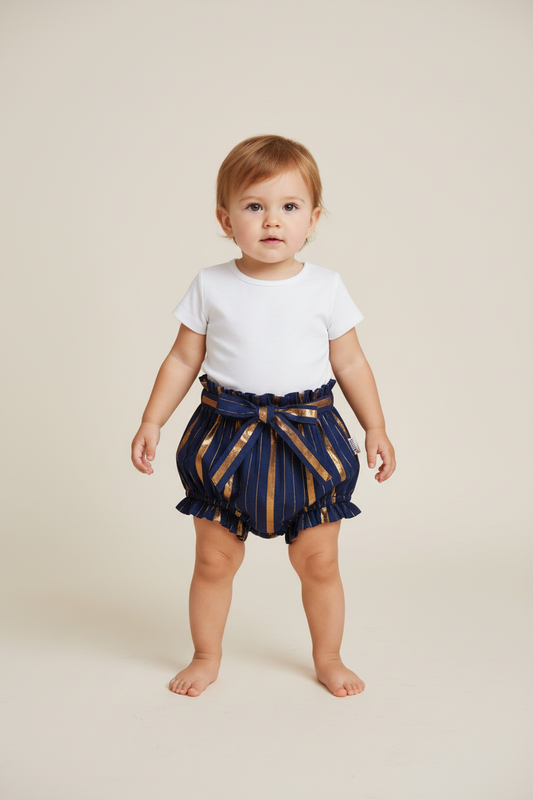 Navy Lurex Shorts Style Diaper Cover with Belt — Festive Baby Bloomer | 0-18 Months