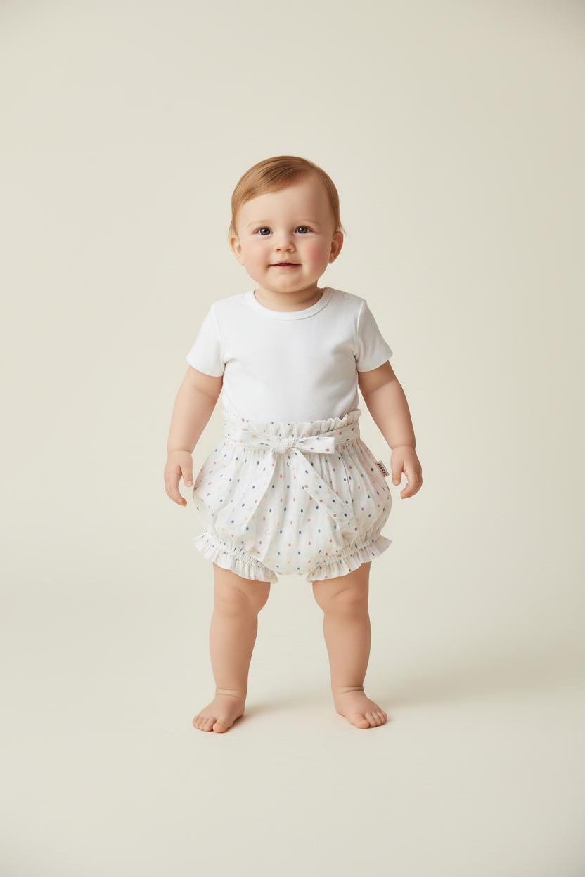 White Multicolor Dot Cotton Dobby Shorts Style Diaper Cover — Baby Bloomer | 0-18 Months