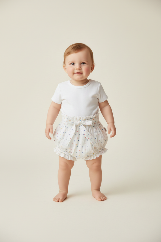 White Multicolor Dot Cotton Dobby Shorts Style Diaper Cover — Baby Bloomer | 0-18 Months