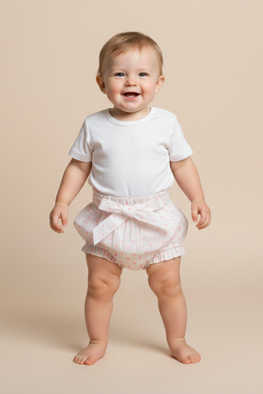 White Pink Buti Cotton Dobby Shorts Style Diaper Cover — Baby Bloomer | 0-18 Months