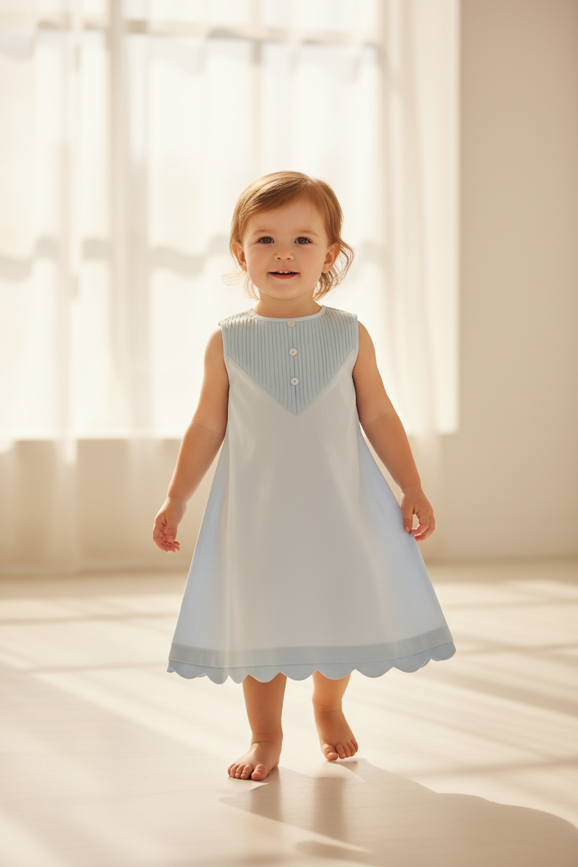 Eve Dress : POWDER BLUE : Heart Shaped Scalloped Neck :Infant : Toddler : Tween