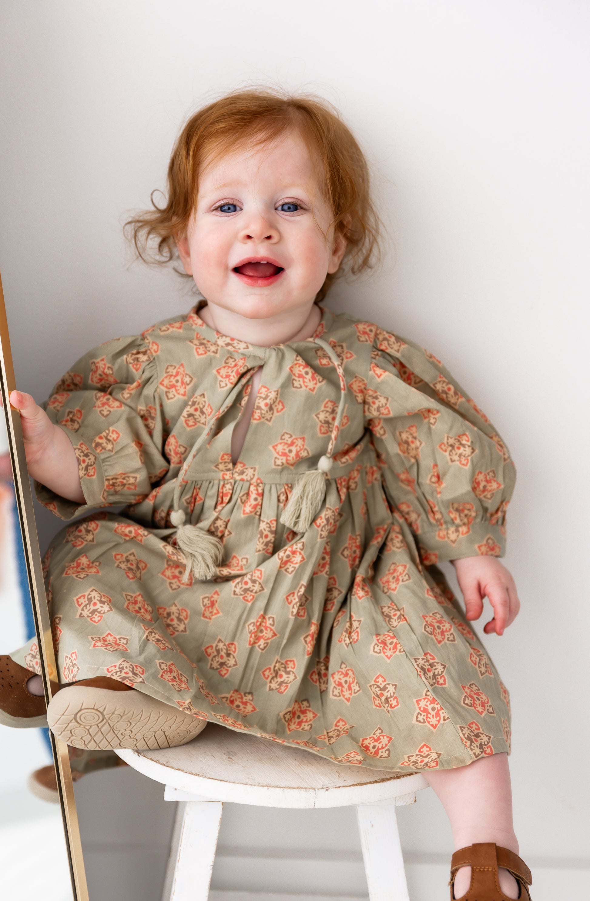 Sage Green Floral Printed Sleeve Gathered Dress Cotton Girls Dress | Yo Baby Online Sage Green Floral Printed Sleeve Gathered Dress Cotton Girls Dress | Yo Baby Online