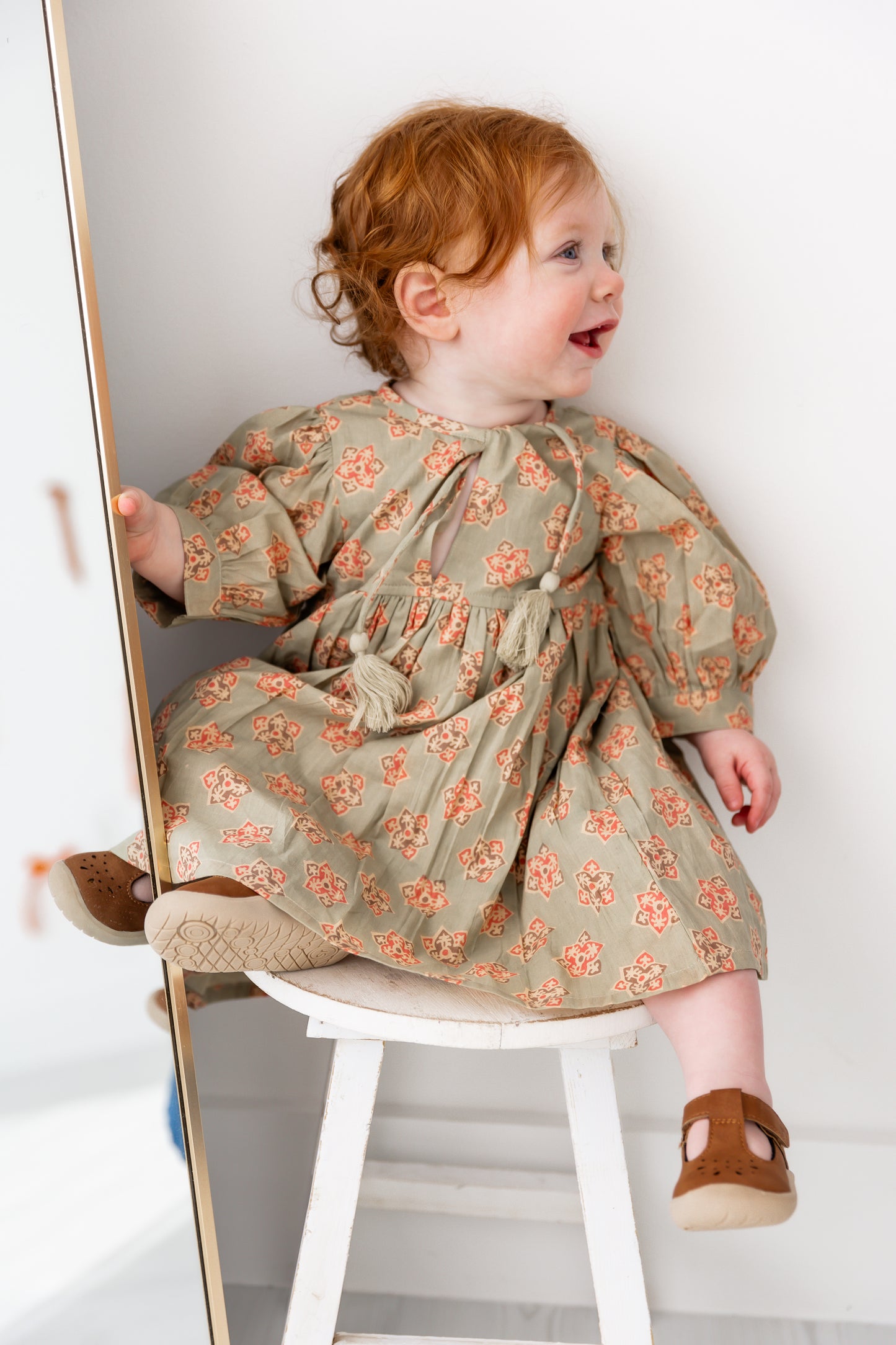 Sage-Green Floral Printed Sleeve Gathered Dress