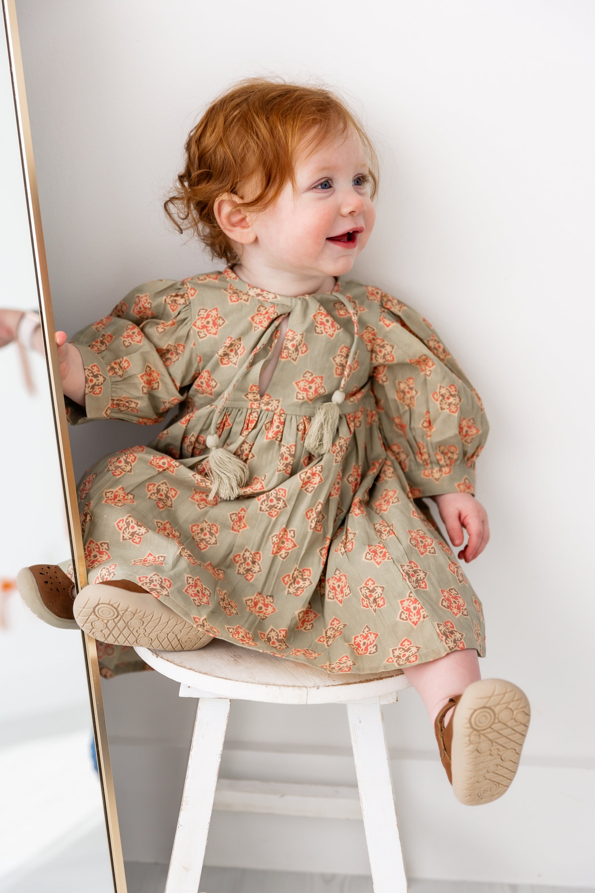 sage green girls dress Sage Green Floral Printed Sleeve Gathered Dress — Cotton Girls Dress