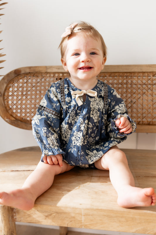 Grey Floral Printed Front Lace Long Sleeve Baby Romper