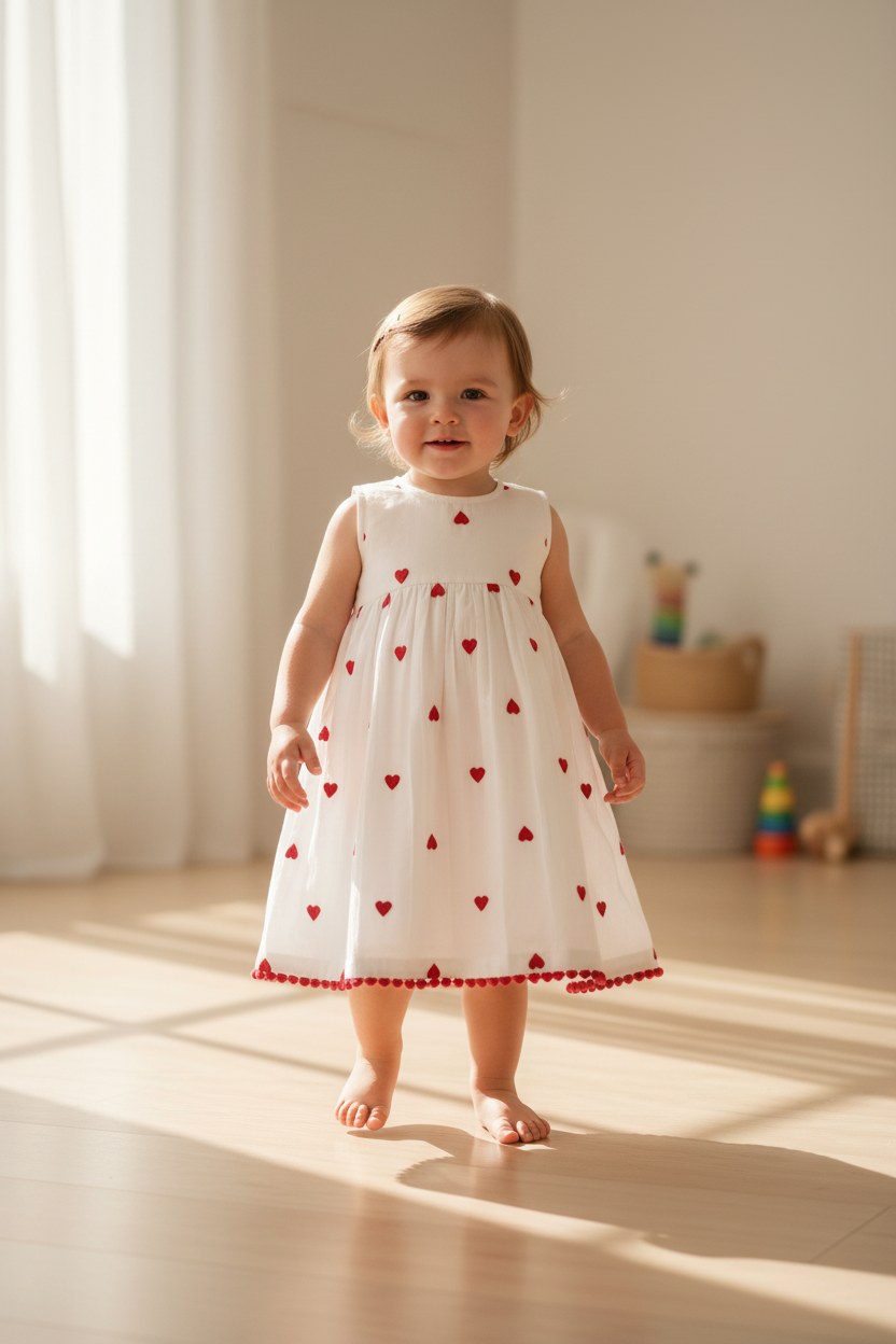 Heart-Embroidered Cotton Dress