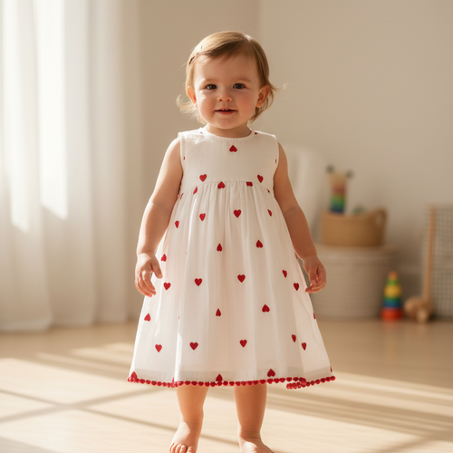 Heart Embroidered Cotton Dress — Cotton Girls Dress | Infant to Tween 0-13 Years