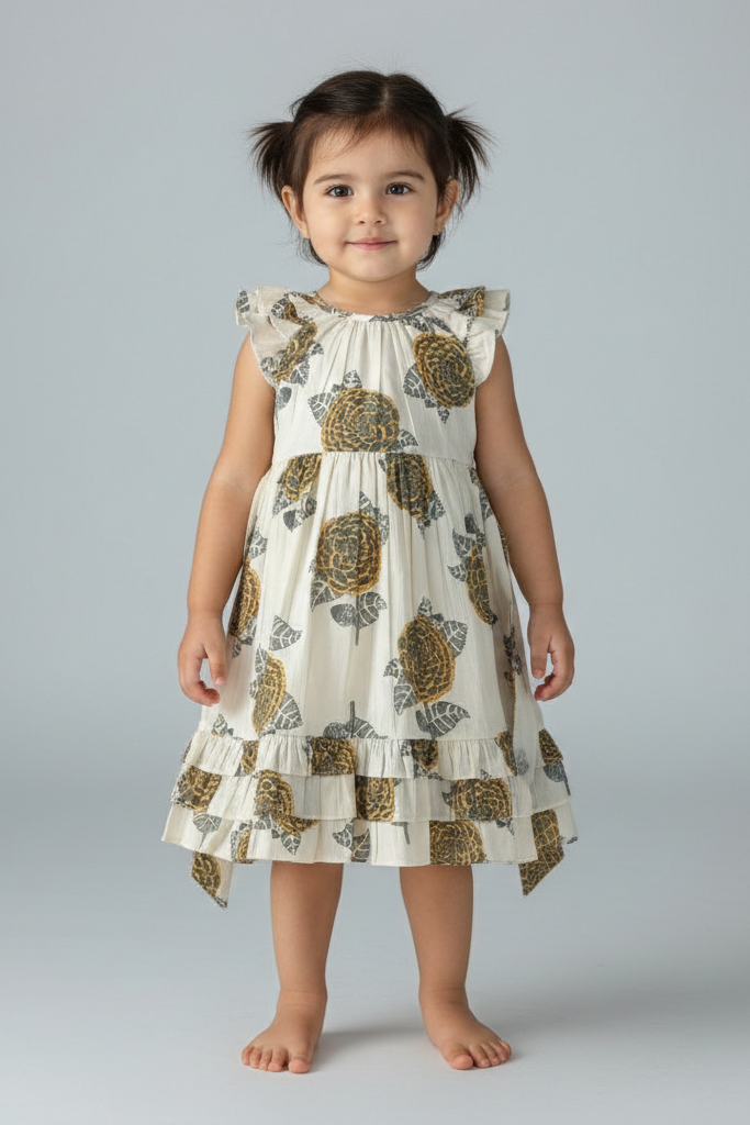 Mustard and Grey Floral Print Sleeve and Bottom Ruffled Gathered Dress — Cotton Girls Dress | 0-13 Years