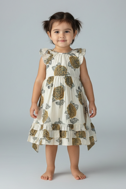 Mustard and Grey Floral Print Sleeve and Bottom Ruffled Gathered Dress — Cotton Girls Dress | 0-13 Years