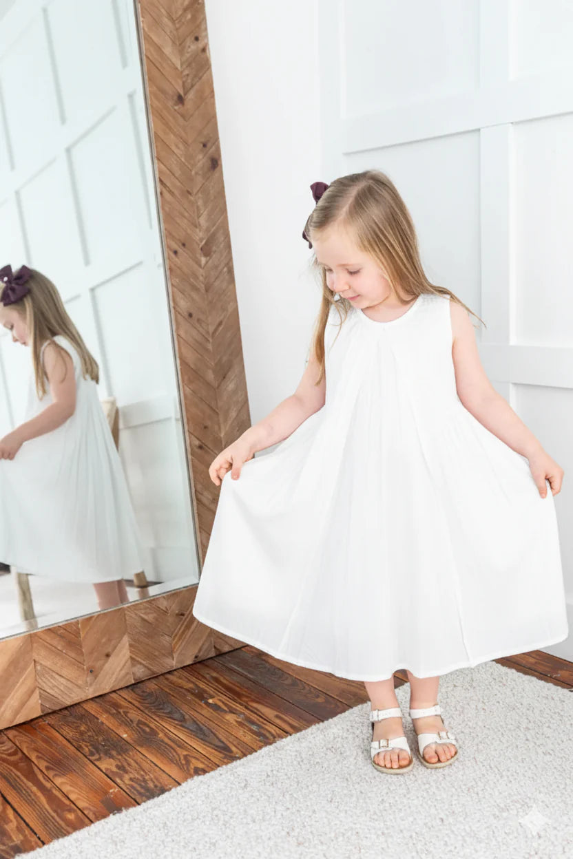 White Heart Dobby Pintuck Gathered Dress